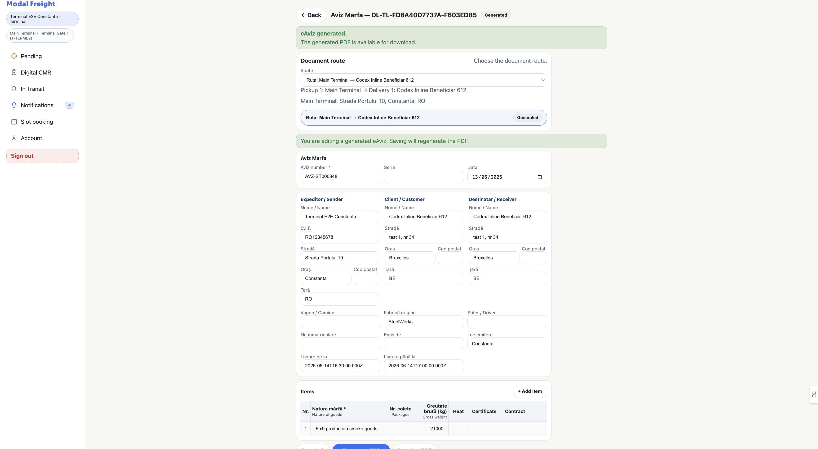 Digital Aviz Marfa screen generated from sender, client, receiver, and delivery information