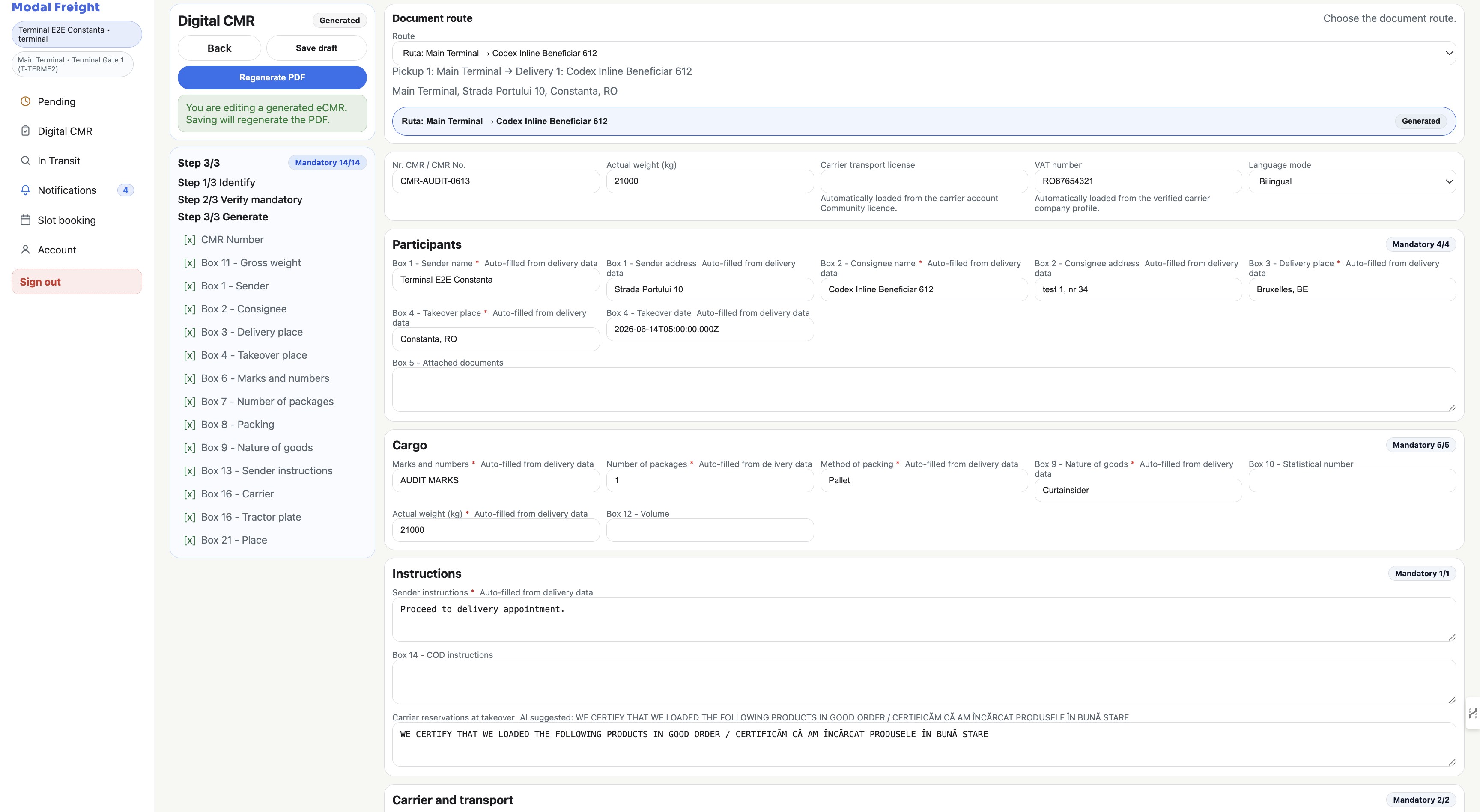 CMR preparation screen showing delivery fields, completion checks, and generated document status